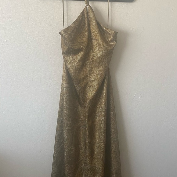 Vintage Dresses & Skirts - Vtg 70s Metallic Halter Paisley Maxi Dress